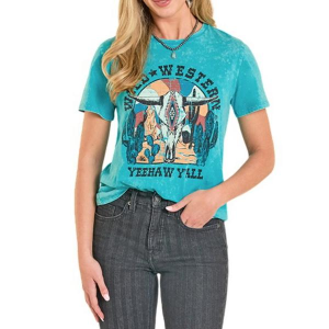 Women's Rock & Roll Denim Yeehaw Y'all T-Shirt Small Peacock