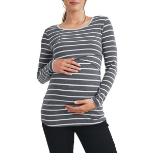 Women's Hello Miz Double Layer Nursing Friendly Long Sleeve T-Shirt Medium Charcoal White