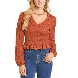 Women's Rock & Roll Denim Smock Bodice Long Sleeve Shirt Medium Rust
