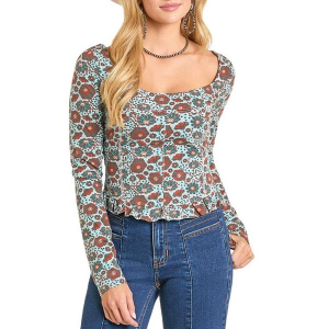 Women's Rock & Roll Denim Floral Jersey Long Sleeve Shirt XLarge Stillwater Blue