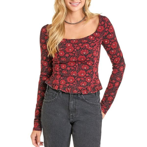 Women's Rock & Roll Denim Floral Jersey Long Sleeve Shirt Large Red