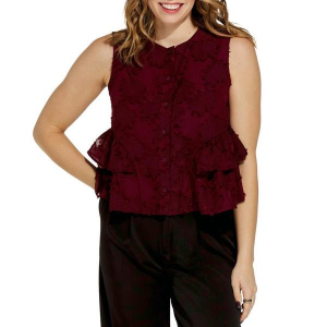 Women's SUNDAY EDITION Tiered Button Down Sleeveless Blouse Small Burgundy