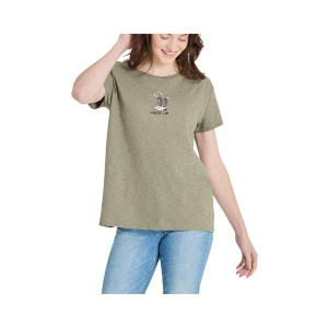 Women's Life is Good Giddy Up Flower Boots Slub Easy Fit T-Shirt Medium Moss Green
