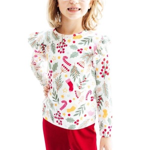 Girls' Mila & Rose Ruffle Long Sleeve T-Shirt 5/6 Holly Jolly