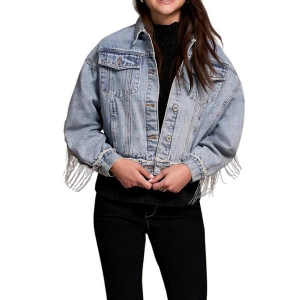 Women's Tribal Chain Fringe Denim Jacket Small Blue Snow
