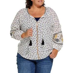 Women's Tribal Embroidered Peasant Long Sleeve Blouse 1X Coco Milk