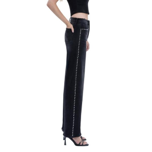 Women's Vervet Silver Dome Nail Head Detail Wide Leg Jeans Black 28 31