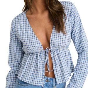 Women's Rhythm Lola Check Long Sleeve Blouse Small Blue