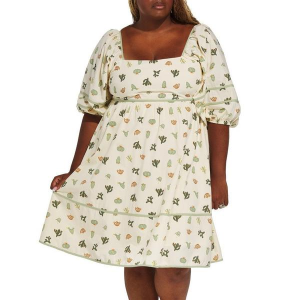 Women's DAVI & DANI Cactus Print Dress 2X Cream Green