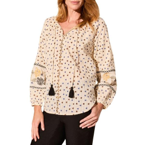 Women's Tribal Embroidered Peasant Long Sleeve Blouse Small Coco Milk