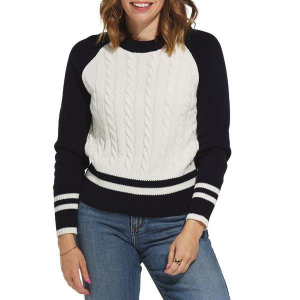 Women's DRESS FORUM Pullover Sweater Cable Knit Stripe Raglan Medium Navy