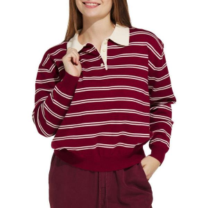 Women's DRESS FORUM Rugby Long Sleeve Shirt Small Burgundy Ivory