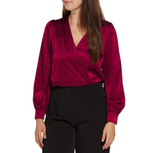 Women's DRESS FORUM Satin Cross Bodysuit Small Merlot