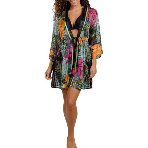Women's Ingear Printed Lurex Striped Tie Kimono Swim Cover Up 2X Black Multi