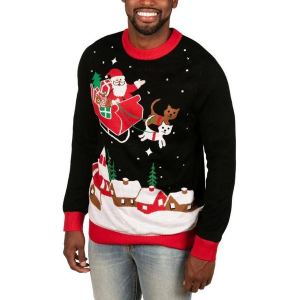 Men's Tipsy Elves Pullover Sweater Meowy Sleigh Light Up Ugly Christmas Large Black