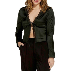 Women's Le Lis Satin Long Sleeve Shirt Large Dark Green