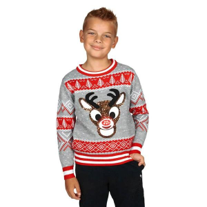 Kids' Tipsy Elves Pullover Sweater Sequin Rudolph Light Up Ugly Christmas XLarge Grey Heather