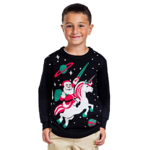 Kids' Tipsy Elves Pullover Sweater Santa Unicorn XLarge Black