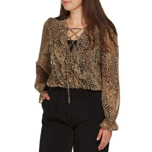 Women's DRESS FORUM Animal Print Long Sleeve Blouse Small Sandstone Brown
