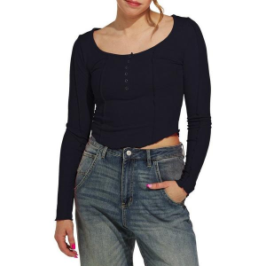Women's Double Zero Front Seam Long Sleeve Henley Large Navy