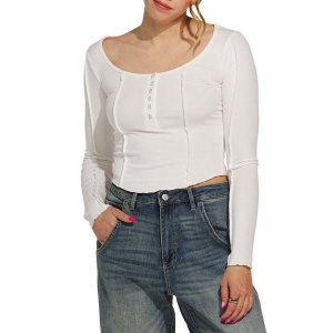 Women's Double Zero Front Seam Long Sleeve Henley Large White