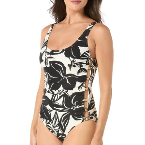 Women's Carmen Marc Valvo Shirred Beaded Scoopneck One Piece Swimsuit Contemporary 8 Black White