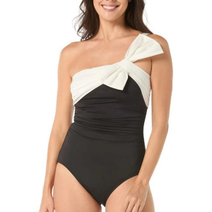 Women's Carmen Marc Valvo One Shoulder Bow Underwire One Piece Swimsuit Contemporary 10 Black White