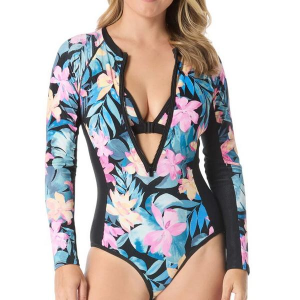 Women's Beach House Sport Sculpt Long Sleeve Zip Front One Piece Swimsuit Sporty 8 Black
