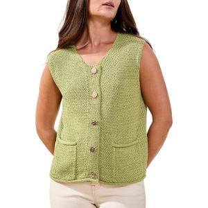 Women's Tribal Sweater Vest Fancy Buttons Medium Kiwi Zest