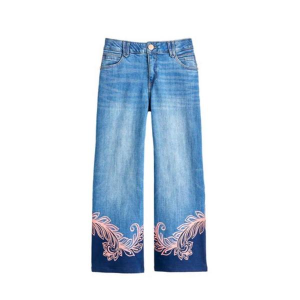 Women's Democracy "Ab"solution High Rise Screen Print Hem Fitted Wide Leg Jeans Blue 14 27