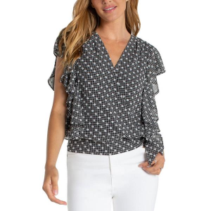Women's Liverpool Los Angeles Ruffle Sleeve Draped Front Woven Blouse XLarge Black White Plaid