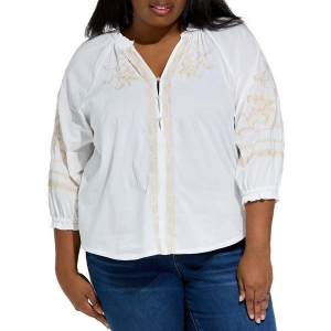 Women's Democracy Floral Placket Mixed Media 3/4 Sleeve Shirt 3X Natural Off White
