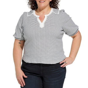 Women's Democracy Elbow Puff Sleeve Placket Striped Shirt 2X Off White Navy Stripe
