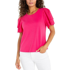 Women's Liverpool Los Angeles Knit-To-Woven Embroidered Sleeve Shirt Medium Diva Pink