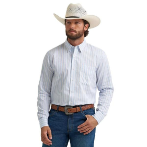 Men's Wrangler Cody Johnson One Pocket Long Sleeve Button Up Shirt Large Azure Stripes