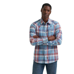 Men's Wrangler Retro Premium Plaid Western Snap Long Sleeve Button Up Shirt Large Blue Sunrise