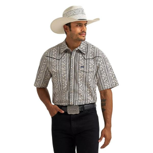 Men's Wrangler Vintage Inspired Piped Printed Western Snap Long Sleeve Button Up Shirt Medium Ecru