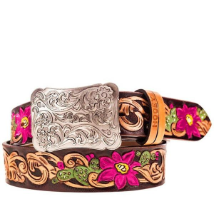 Women's Hooey Senorita Blossom Filigree Belt XLarge Brown Pink