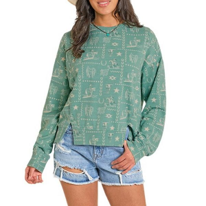 Women's Rock & Roll Denim Conversational Print Crewneck Sweatshirt Medium Turquoise