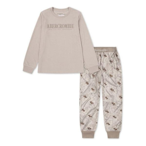 Kids' abercrombie kids Long Sleeve Logo T-Shirt and Printed Joggers Pajama Set 11/12 Simply Taupe