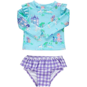 Girls' RuffleButts Skirted Flutter Long Sleeve Rash Guard Swim Set 6 Once Upon A Castle