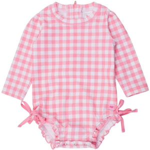 Girls' RuffleButts Long Sleeve Rash Guard One Piece Swimsuit Toddler 2T Bubblegum Pink Gingham