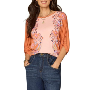 Women's Democracy Placement Print Knit 3/4 Sleeve Blouse Large Coral