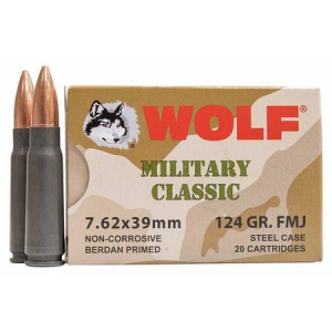 Wolf Ammo 7.62x39mm 124 gr FMJ Military Classic Steel Case 20/Box