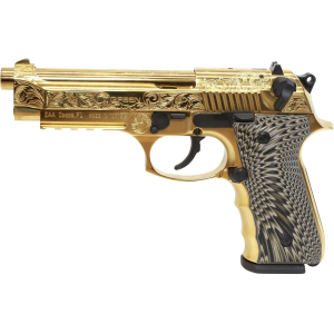 EAA GIRSAN 390088 Regard MC Deluxe 9mm Luger 18+1, 4.90 in Stainless Steel Barrel, Gold Plated Serrated w/Engraving Steel Slide & Aluminum Frame w/Picatinny Rail, Black G10 Grip, Pistol