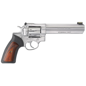 Ruger 1773 GP100 357 Mag 7 Shot, 6 in Satin Stainless Steel Barrel, Satin Stainless Cylinder, Satin Stainless Steel Frame, Black Rubber w/Wood Insert Grip, Exposed Hammer , Revolver
