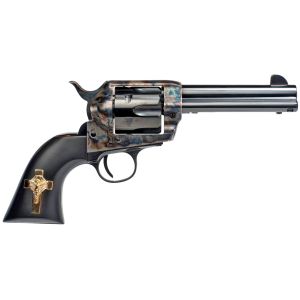 Cimarron Holy Smoker, Revolver, Single Action, 45LC, 4.75 in Barrel, Steel Frame, Case Hardened Finish, Fixed Sights, Gold Cross Black Grip, 6 Rounds MP310GCI01BG