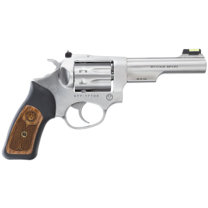 Ruger 5765 SP101 22 LR 8rd 4.20 in Satin Stainless Steel Barrel, Cylinder & Frame, Black Rubber w/Wood Insert Grip, Transfer Bar Safety, Exposed Hammer , Revolver