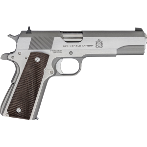 Springfield Armory PBD9151L 1911 Mil-Spec Defend Your Legacy 45 ACP 7+1, 5 in Stainless Steel Match Grade Barrel, Stainless Serrated Slide, Stainless Steel Frame w/Beavertail, Checkered Wood Grip, Pistol