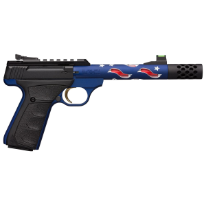 Browning 051572490 Buck Mark Plus Vision SR 22 LR 10+1 5.87 in Americana Themed Steel Threaded w/Muzzle Brake Barrel, Matte Black Optic Ready/Serrated Steel Slide, Blue Anodized Aluminum Frame w/ Black Ultragrip FX Grips, Pistol